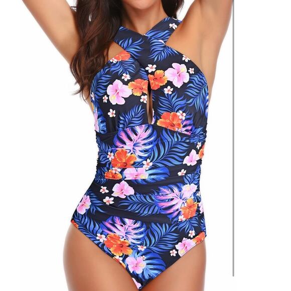 One Piece Swimsuit Tummy Control Bathing Suit Ruched Front Cross‎ Swimwear 5X - Picture 1 of 9